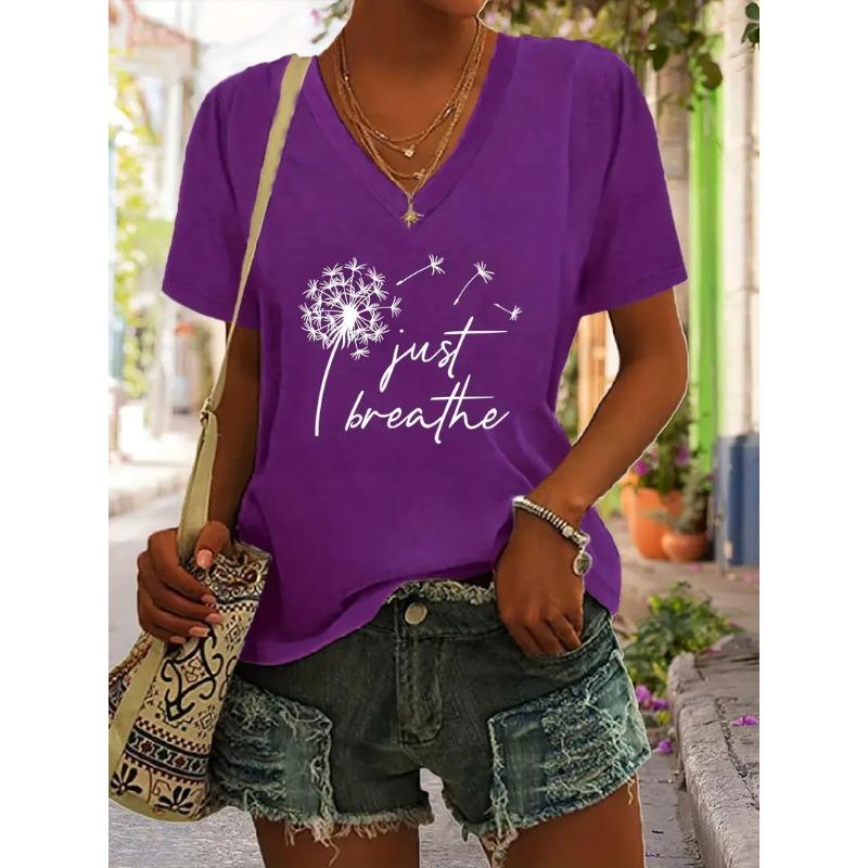 Summer V-neck 3D Dandelion Dragonfly Pattern Printed Top Fashionable Casual Short Sleeved Women's T-shirts