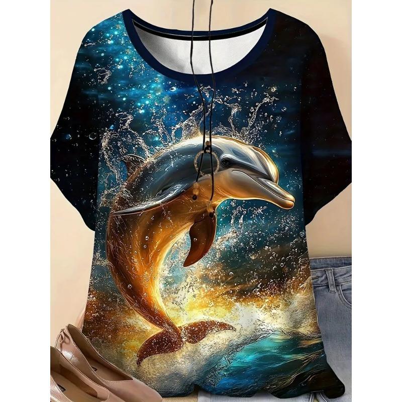 Casual Fashion Simple Abstract Painting Animal Sea Dolphin Breathable 3D Printed Round Neck Short Sleeve T-shirt Casual Sports Shirt