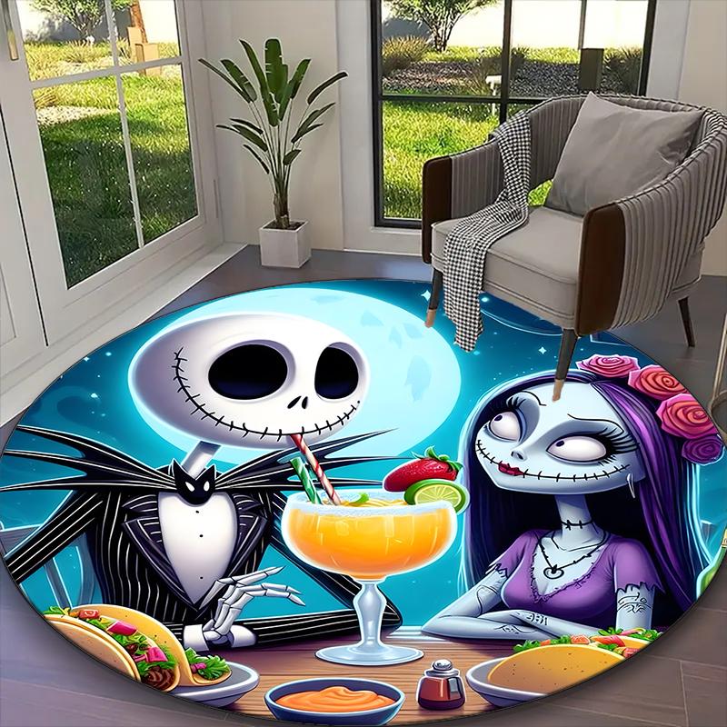 1pc Jack And Sally Christmas Tree Floral Rug, Digital Printed Home Chair Sofa Mat, Durable Office Round Carpet, Beautiful Festival Decorations