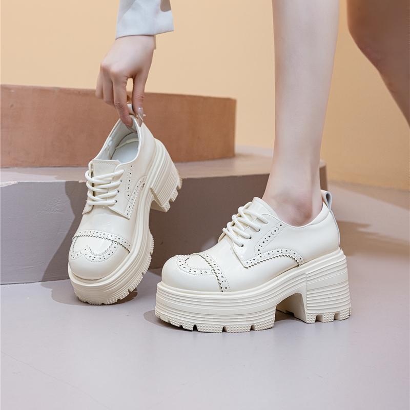 Brogue Women's Shoes 9cm Thick-soled Lace-up Loafers Female Comfortable and Height-enhancing Women High Heels
