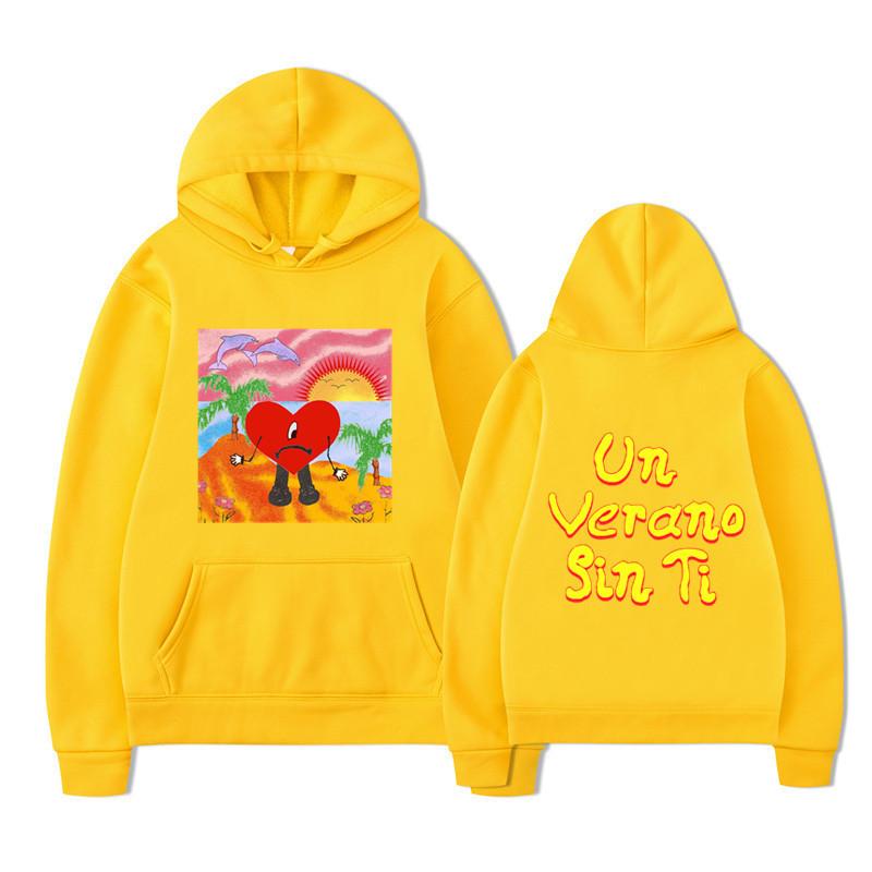 Unisex Black Hoodie Heart Character Tropical Sunset Double Sided Graphic Pullover Sweatshirt Streetwear