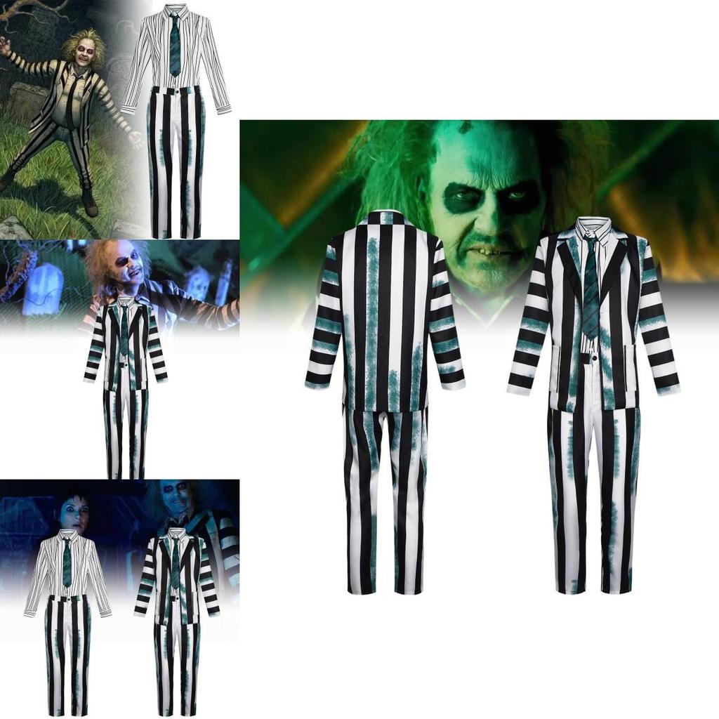 Snygg Beetlejuice Cosplay-dräkt med gröna, svarta och vita ränder Mjukt tyg