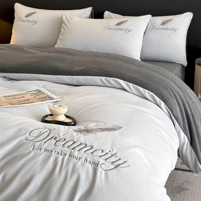 Thickened Milk Fleece Four-Piece Set, Coral Double-Sided Fleece Embroidered Crystal Fleece Quilt Cover, Bed Sheet, Bed Hat Three-Piece Set