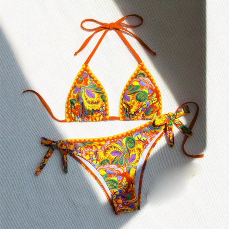 Vibrant Tropical Print Triangle Bikini with Side Tie Bottoms