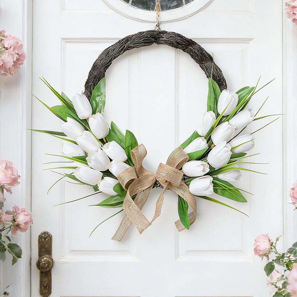Spring Summer Wreath for Front Door Artificial Flower Wreath for Indoor Outdoor Wall Festival Home Wedding Decor White