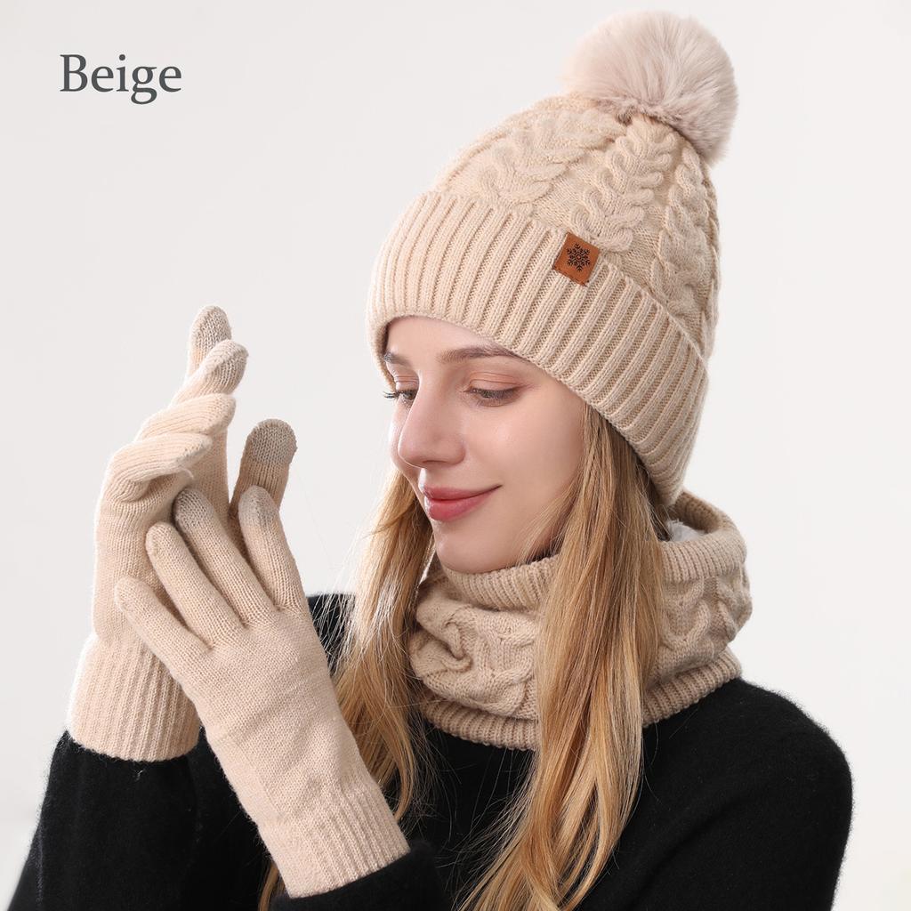 Classic Style Cold Weather Gloves Scarf Hat Three Piece Set for Winter Custom Logo Knit Beanie Ribbed Cuff Pom Pom Wool Blend