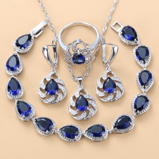 Blue Sapphire Pendant Earrings Necklace and Ring Lady Set