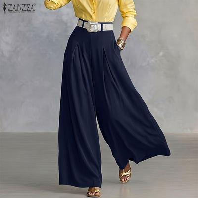 Damen Casual Hose mit elastischer Taille und weitem Bein in Volltonfarbe
