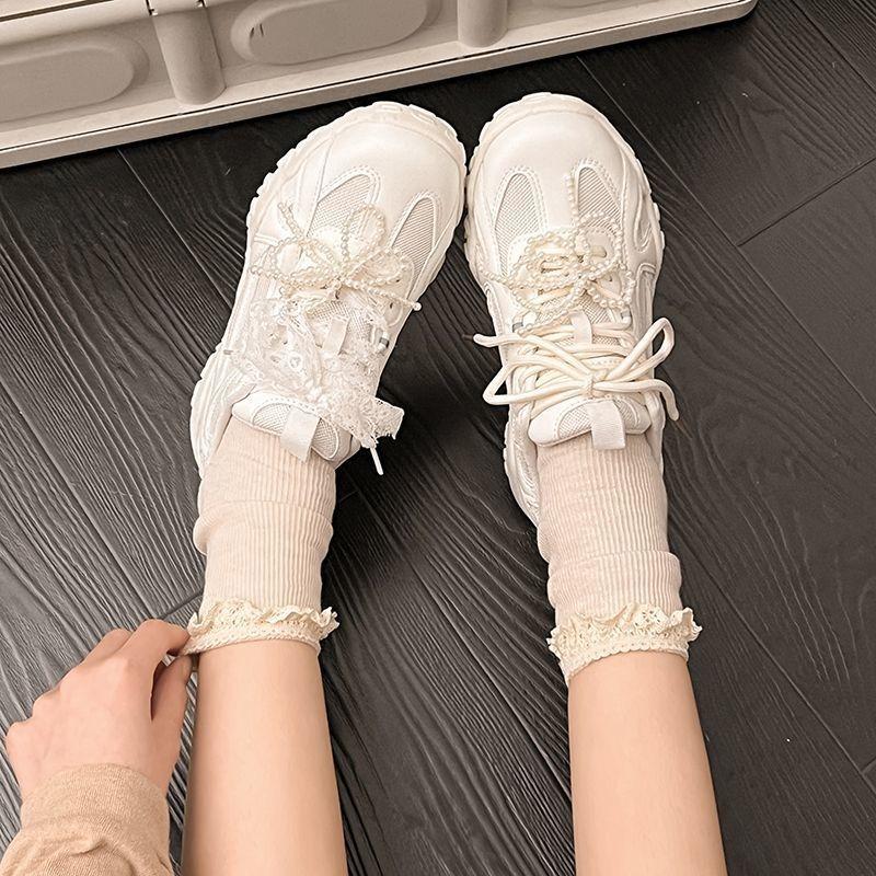 Ballet Style Lace Pearl Platform Women's Spring New Versatile Niche Retro Sports and Leisure Shoes