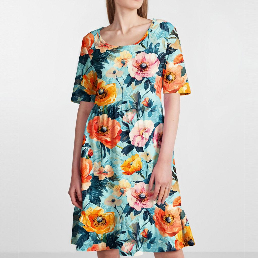 Damen Casual Rundhals Kurzarmkleid Lockeres Taillenplisseekleid Taillenplisseekleid