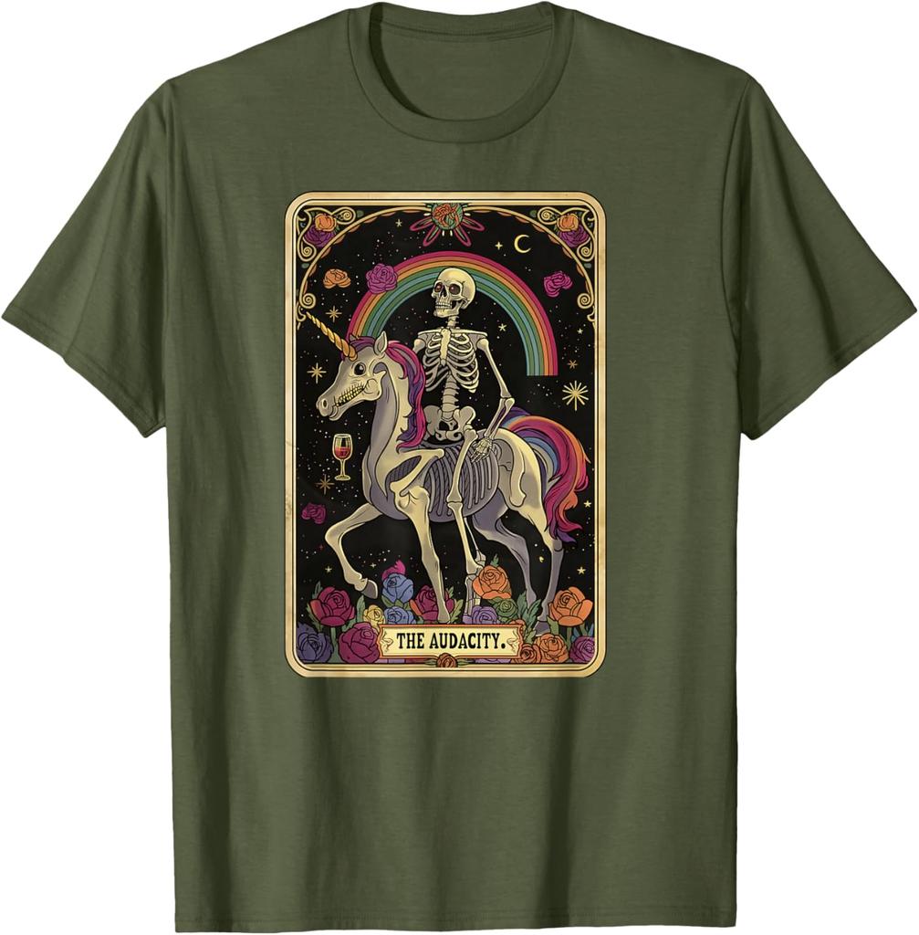 Skelett auf Einhorn reitend Tarot Die Kühnheit Grafik T-Shirt Lässiges Kurzarm Baumwoll-T-Shirt