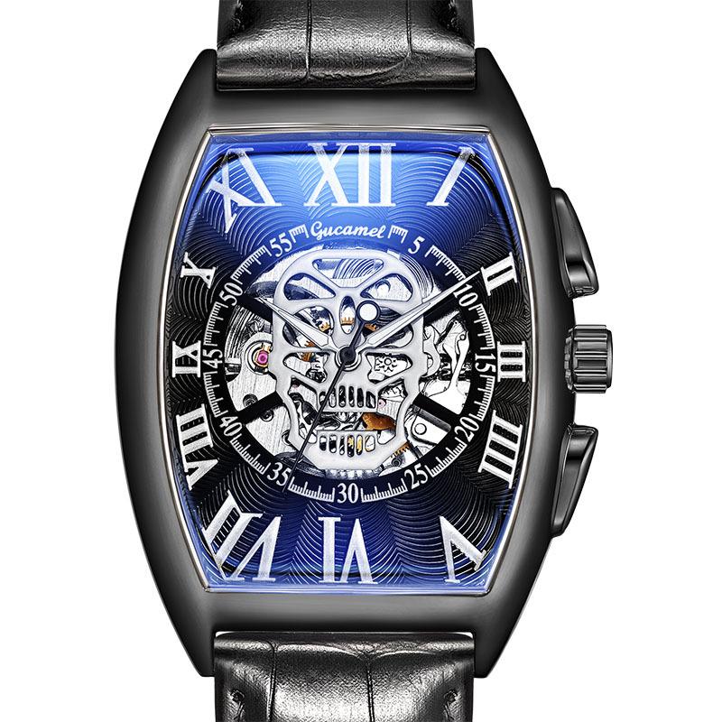 Ancient new wine barrel type European and men s skull hollow automatic mechanical watch men s watch foreign trade