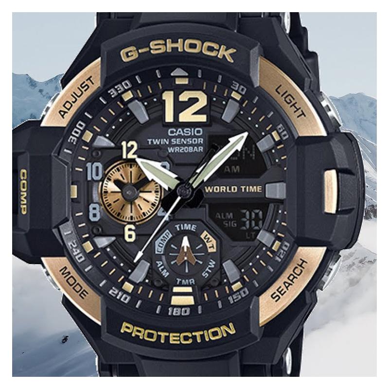 Casio CASIOG-SHOCK Aviation Series GRAVITYMASTER Military Style Flight Classic Pointer Dual Display Quartz Movement Resin Strap Japanese GA-1100-9G