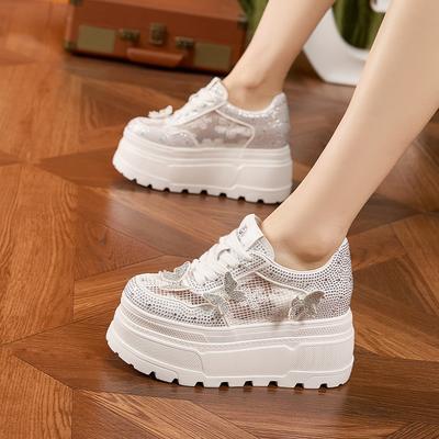 Platform White Shoes Women's 2025 Spring and Summer New Inner Height Increase Women's Shoes Hollow Breathable Mesh Sandals Versatile Casual Shoes