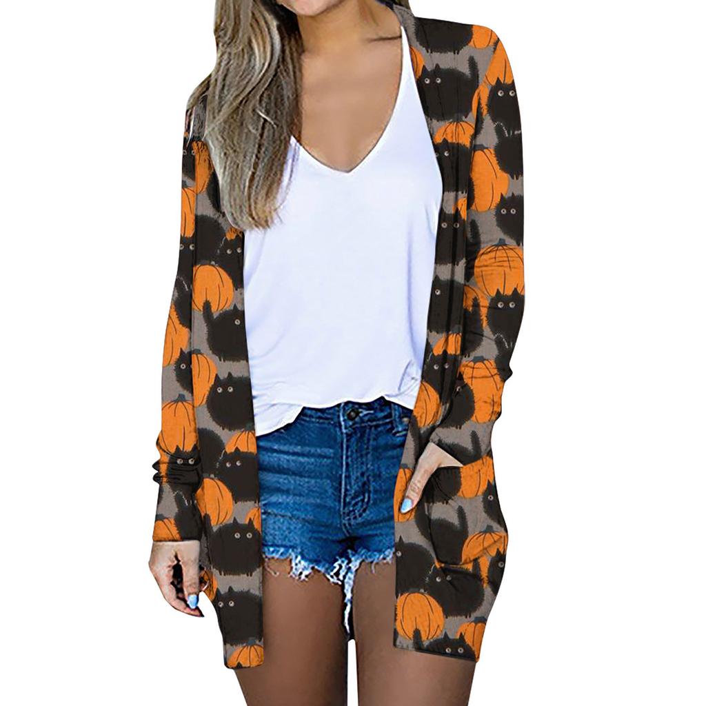 Women's Fashion Halloween Print Long Sleeve Loose Casual Cardigan Tops