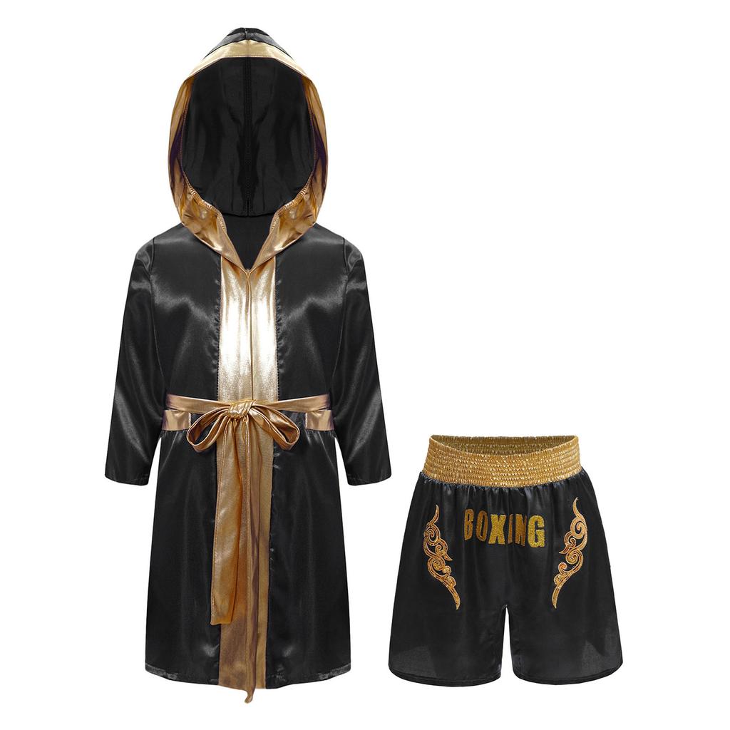 Conjunto de Fantasia de Boxe Infantil Robe de Cetim com Capuz e Cinto & Shorts de Paetês Acabamento Metálico Estampa de Letras