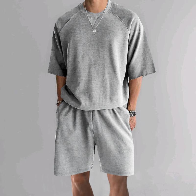 European and American new cross-border new summer shorts short-sleeved men's terry casual round neck sports men's two-piece suit
