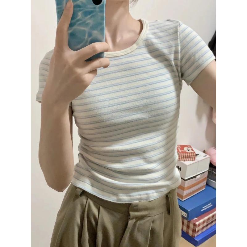 Summer Women's Striped T Shirt Crew Neck Short Sleeve Slim Fit Ribbed Knit Casual Tops