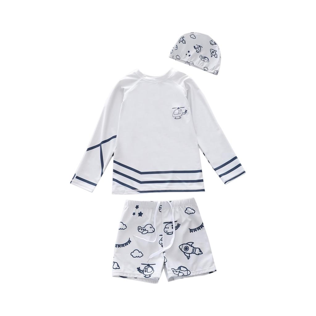 Boys Three Piece Swimwear Set Long Sleeve Rash Guard Swim Shirt Swim Shorts and Swim Cap Cartoon Print Lightweight Quick Dry