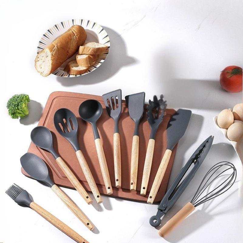 11pcs Silicone Kitchen Utensil Set with Wooden Handles Cooking & Baking Tools Including Non-Stick Spatula, Ladle, Whisk