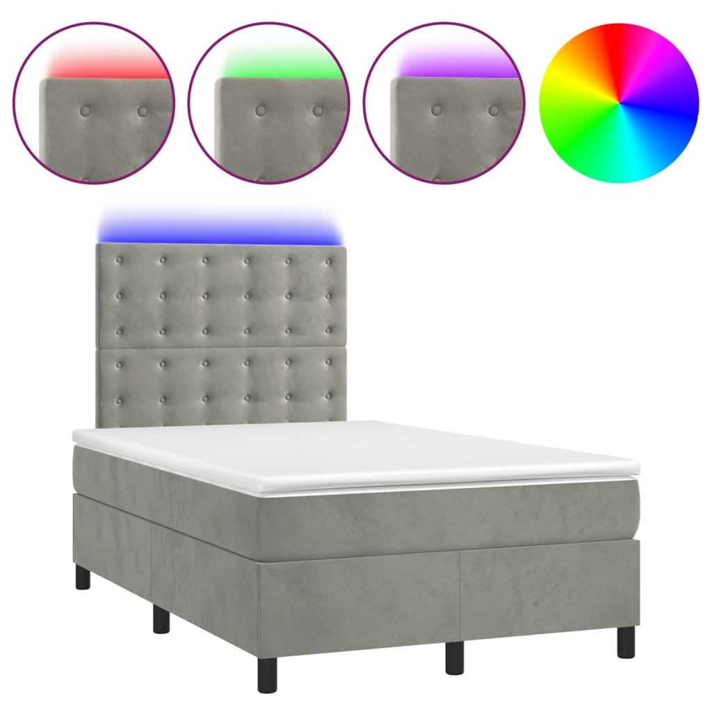 Box Spring Bed with Mattress & LED Light Light Grey 120 x 190 cm Velvet