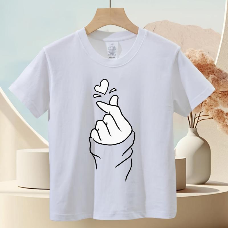 Boys Crew Neck Short Sleeve T-Shirt with White Heart Hand Gesture Print
