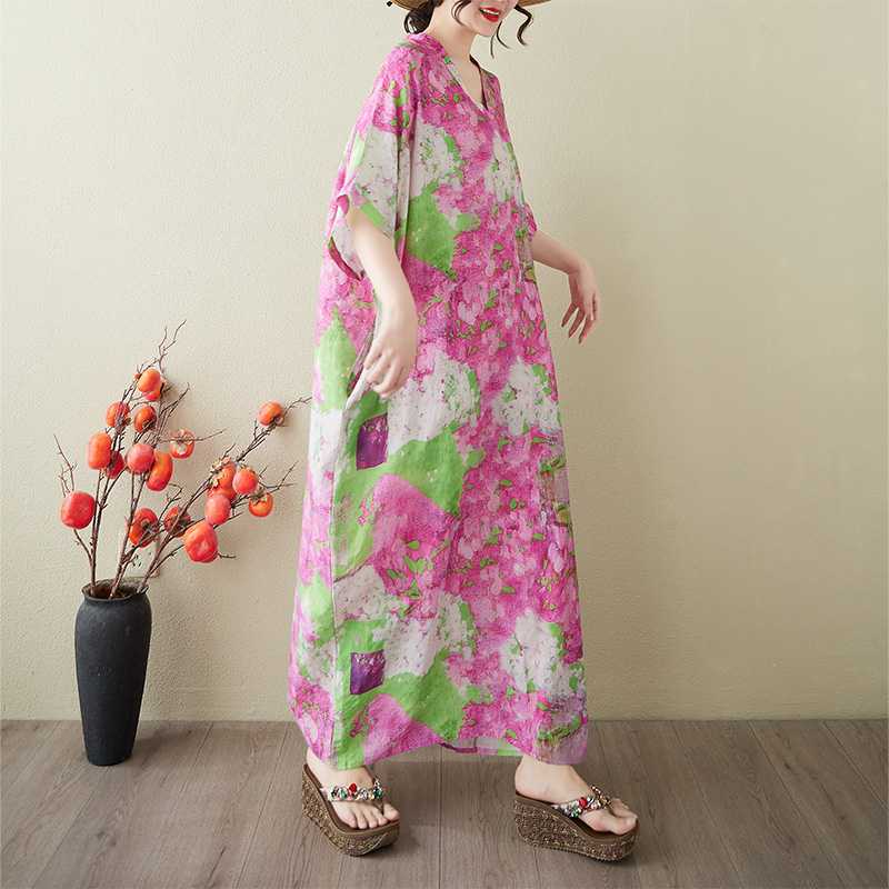 Women's Vintage Long Dress with Cotton and Linen Patterns