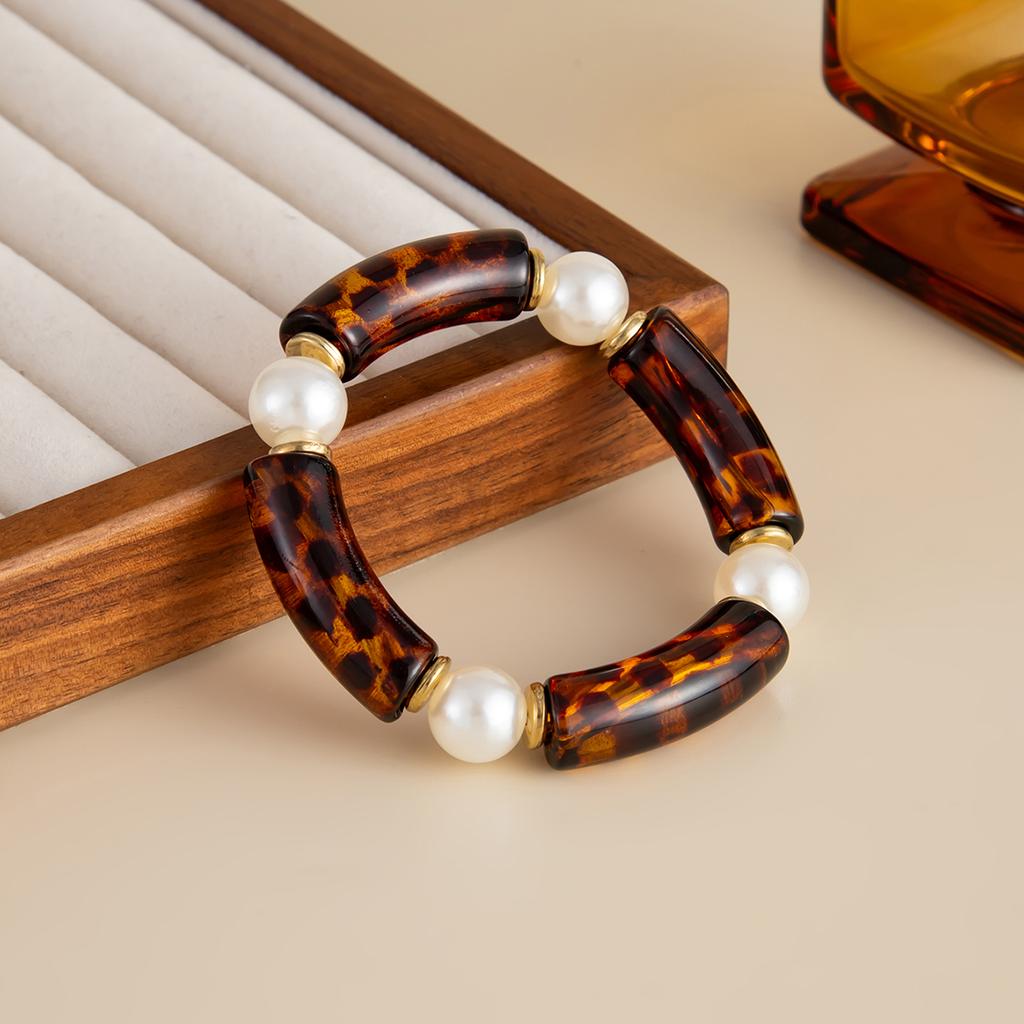 Ingemark 10 Colors Vintage Stackable Resin Bracelets Women Bohemian Round Tube  Leopard Elastic Beaded Bangle New Jewelry Gift