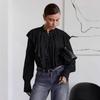 Women Elegant Ruffle Loose Solid Black Chiffon Long Sleeve Blouse