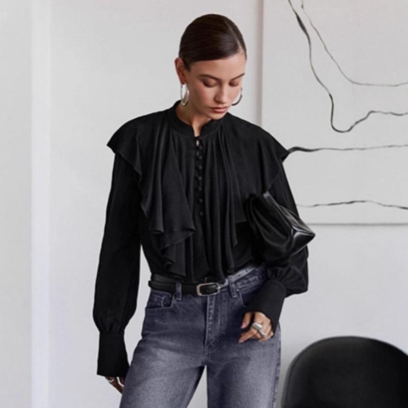 Women Elegant Ruffle Loose Solid Black Chiffon Long Sleeve Blouse