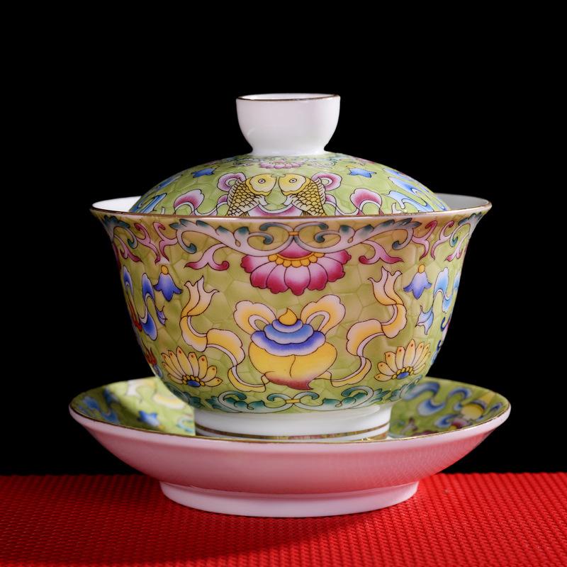 HMLOVE Color Enamel Sancai Gaiwan White Porcelain Cover Bowl Lid Saucer Big Tea Cup Handmade Tureen Travel Teaware Set Gift
