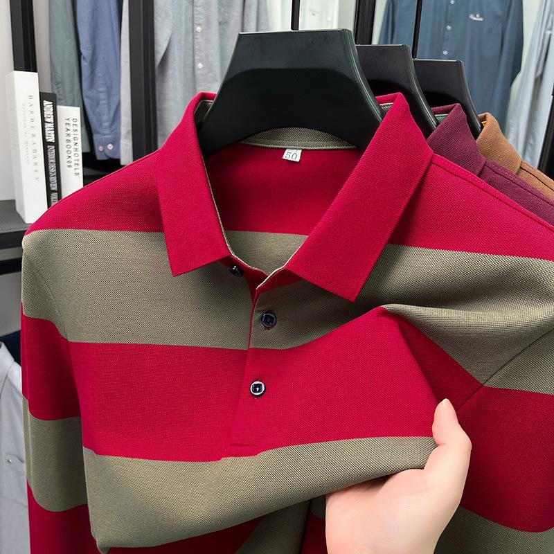 Men s100% Cotton Lapel Collar Striped Long Sleeve T-Shirt Loose Fit Autumn Casual Top Polo Shirt M