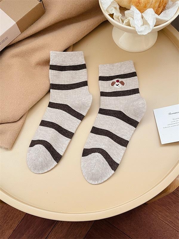 Early Autumn Embroidery Cute Cartoon Puppy Socks Striped Cotton Boneless Cloth Label Socks For Women Korean Students
