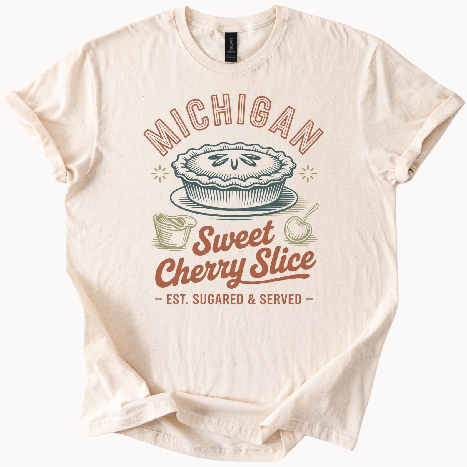 Michigan Sweet Cherry Slice Pie Graphic T Shirt Sugared Served Dessert Food Art Tee Unique Michigan Cherry Pie Shirt Gift 150