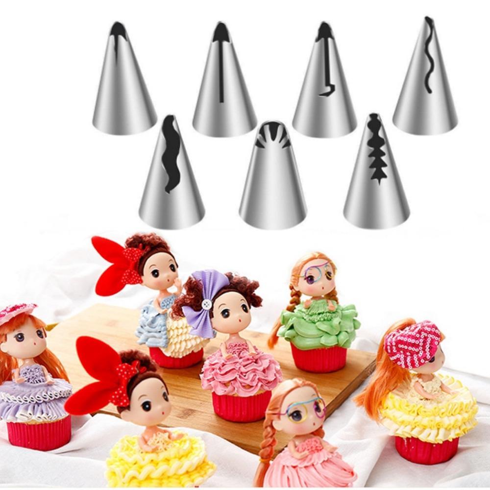 7PCS Stainless Steel Cake Nozzle Tube Head DIY Pastry Puff Skirt Icing Piping Nozzles Cake Decorating Supplies Baking Set Tools