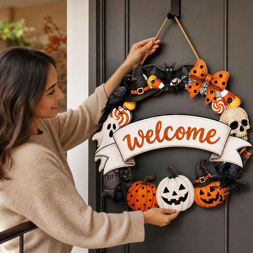 Wooden Halloween Pumpkin Hanging Sign for Yard Porch Party Decoration Fall Door Welcome Decor