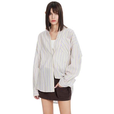Jinyujie Women's Vertical Stripe Loose Mid-Length Shirt Blouse