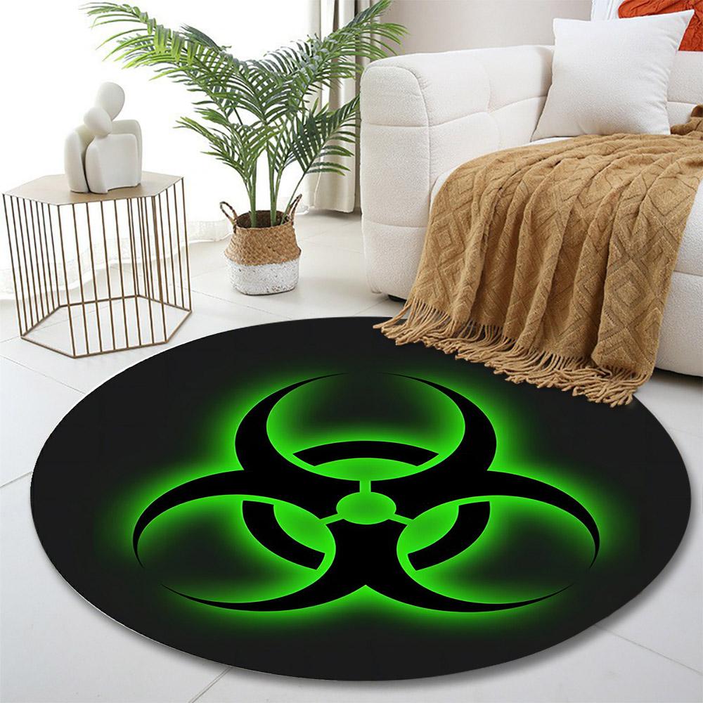 Green Biohazard Symbol Design Print round rug, living room, bedroom, playroom carpet, non slip floor mat, gift