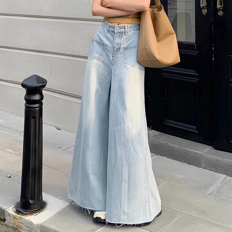Woman High Waist Vintage Designer Wide Leg Jeans Female Gothic Loose Straight Leg Pants Girls Blue Light Blue Denim Trousers