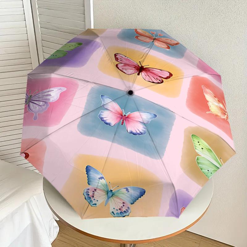 Colorful Butterfly Print Automatic Opening/Closing Umbrella with Foldable Design, Iron Frame Outdoor Rain Gear for Festivals, Travelers, Dai