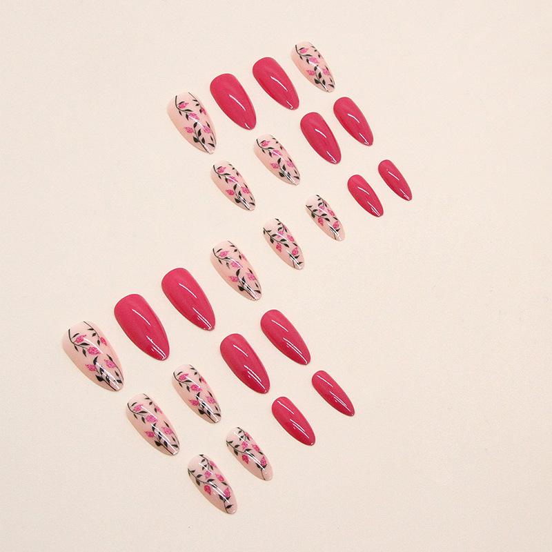 Rose red flower almond nail round head solid color European and American ins style special fashion nail piece
