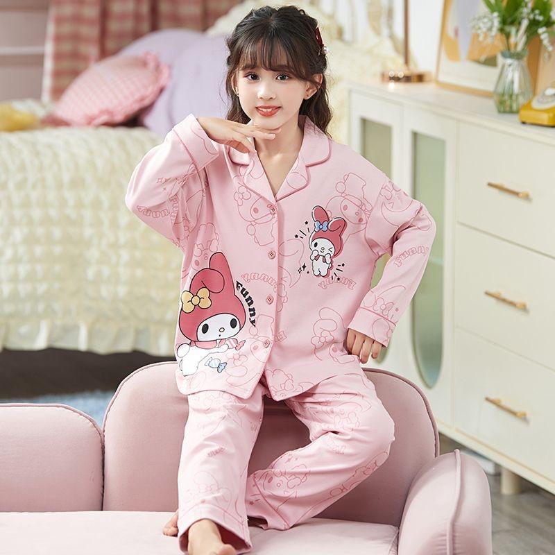 Autumn Long Sleeve Cartoon Pajamas Set for Girls - Cardigan Style, Wear Indoors or Out