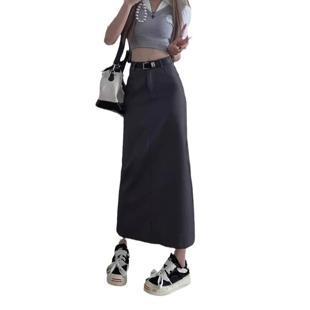 Women's Gray High Waist Straight Leg Midi Skirt with Slit - Slimming Summer A-Line Design.