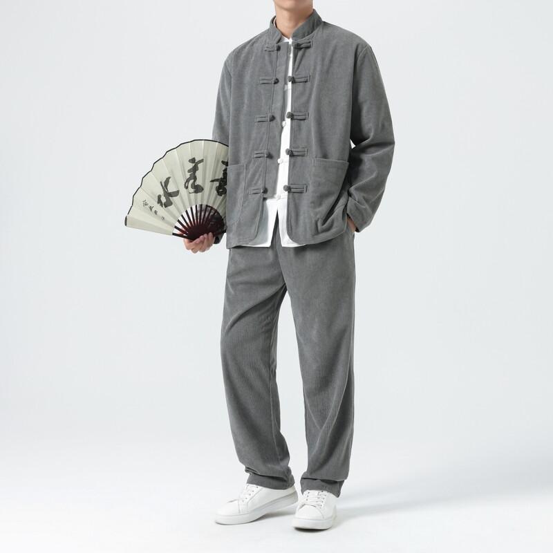Men Corduroy Sets Men Tang Suit Jackets +Pants Male Kung Fu Traditional Chinese Tops & Bottom Sets Men Tai Chi Hanfu Tracksuit