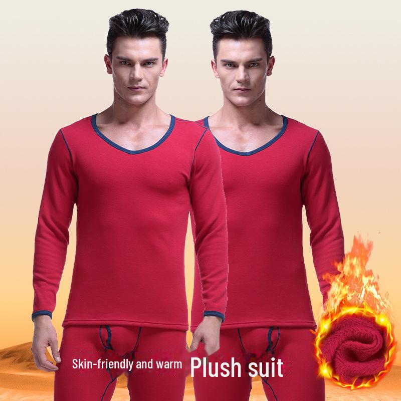 Men's Thermal Low-Neck V-Neck Cotton Suit: Velvet-Lined Sweater & Pants for Autumn/Winter