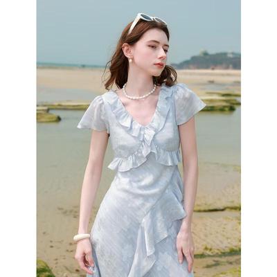 Sancai Elegant Ruffle V-Neck A-line Chiffon Dress