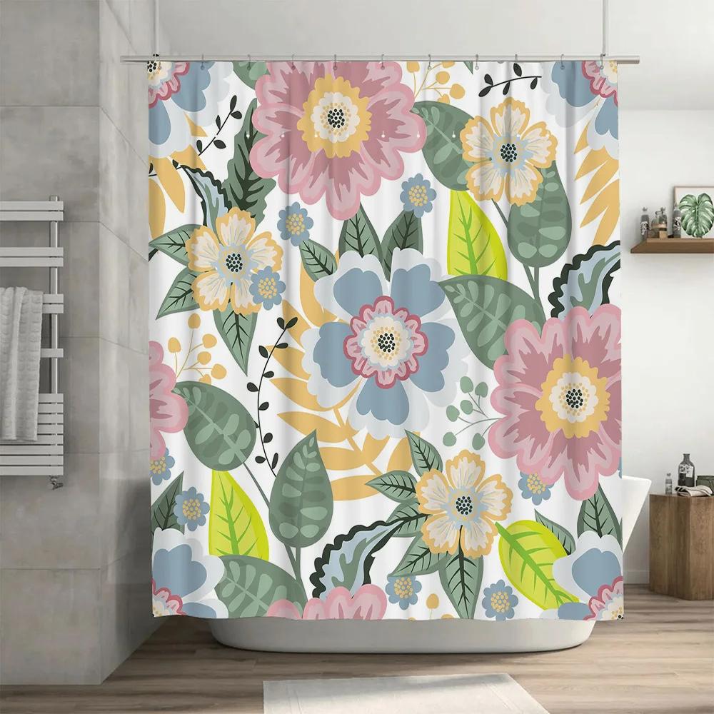 Floral Printed Shower Curtain SetPink Green Blue Yellow White Bath Towel Decorative Waterproof Window Shutter 6 Hooks for Bathro