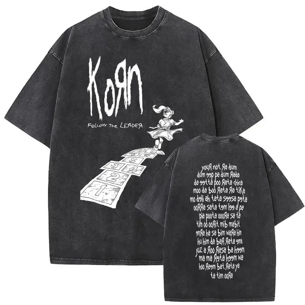 Korn Follow the Leader 1998 Nu Metal Album Graphic Oversized Vintage Washed Streetwear T-Shirt Featuring "Got the Life" & "All In the Family" for Rock