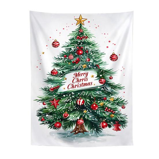 Festive Window Hanging Merry Christmas Tapestry, Wall Fabric Backdrop, Xmas Tree Winter Holiday Party Scene Decoration Art for Living Room,