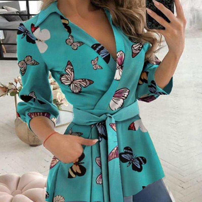 Women's Autumn Printed Long Sleeve V-Neck Belted Shirt